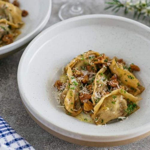 Sweet Potato & Fermented Garlic Agnolotti with Walnut Butter Sauce