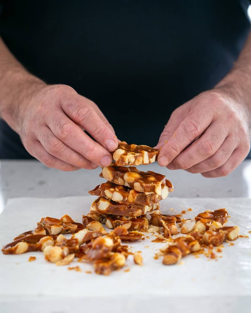 Stack of cut pieces of macadamia nut brittle
