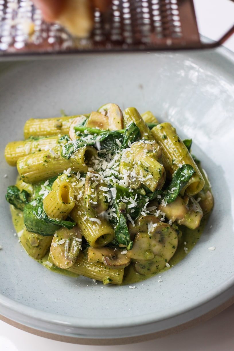 Rigatoni with Brown Mushrooms and Pesto Sauce | Between2Kitchens