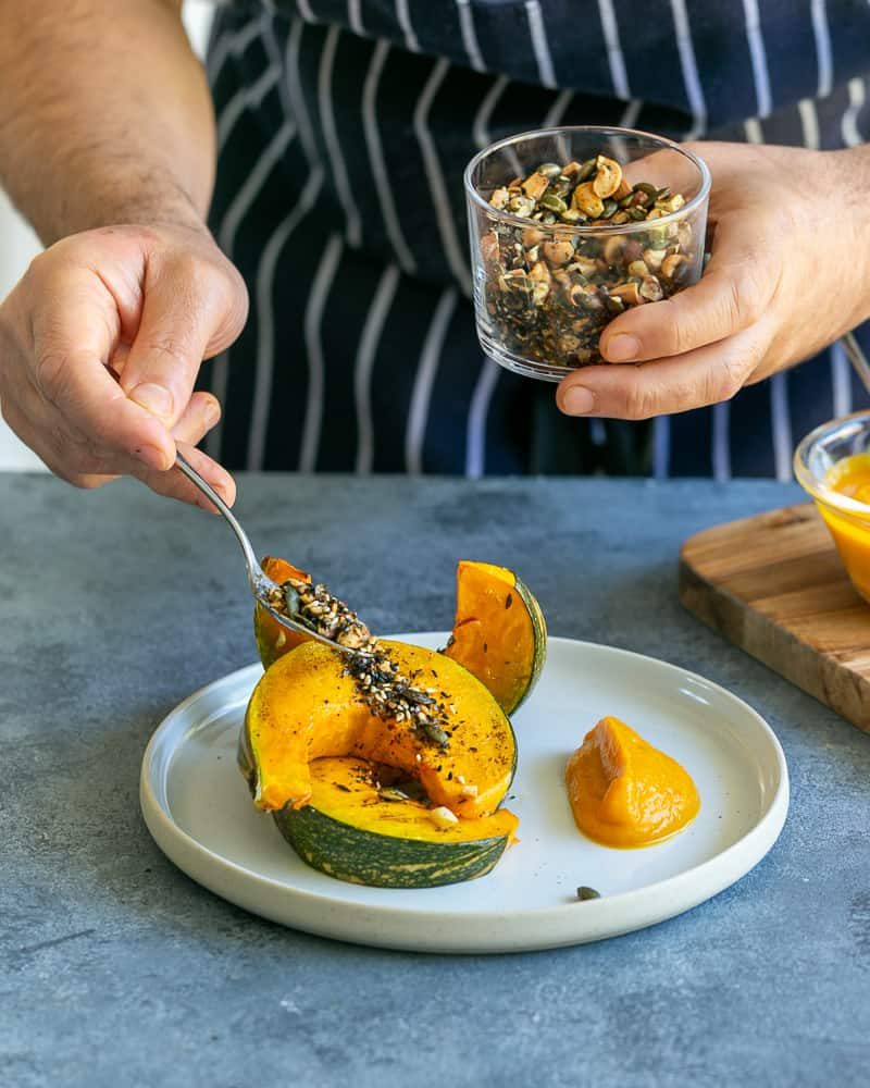 How to plate up Roasted Pumpkin with Miso and Nori Nut Dukkah