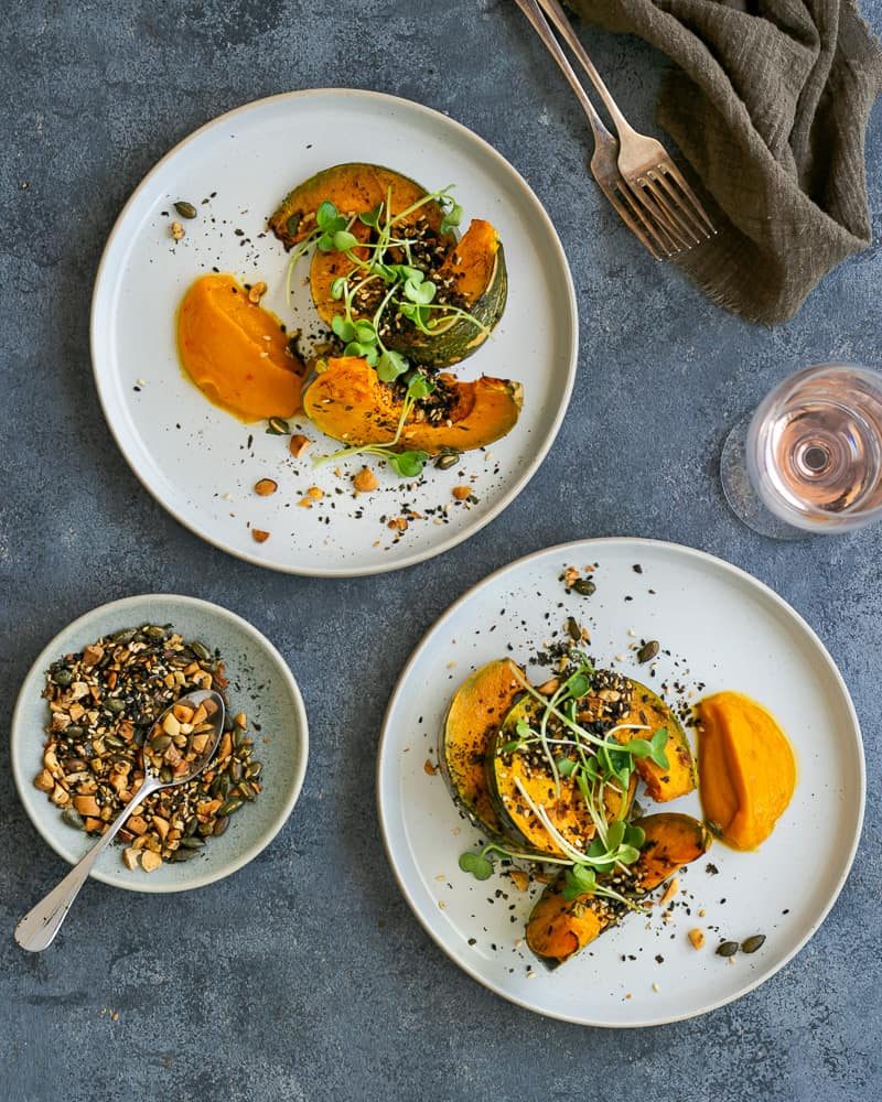 Roasted Pumpkin with Miso and Nori Nut Dukkah overhead picture