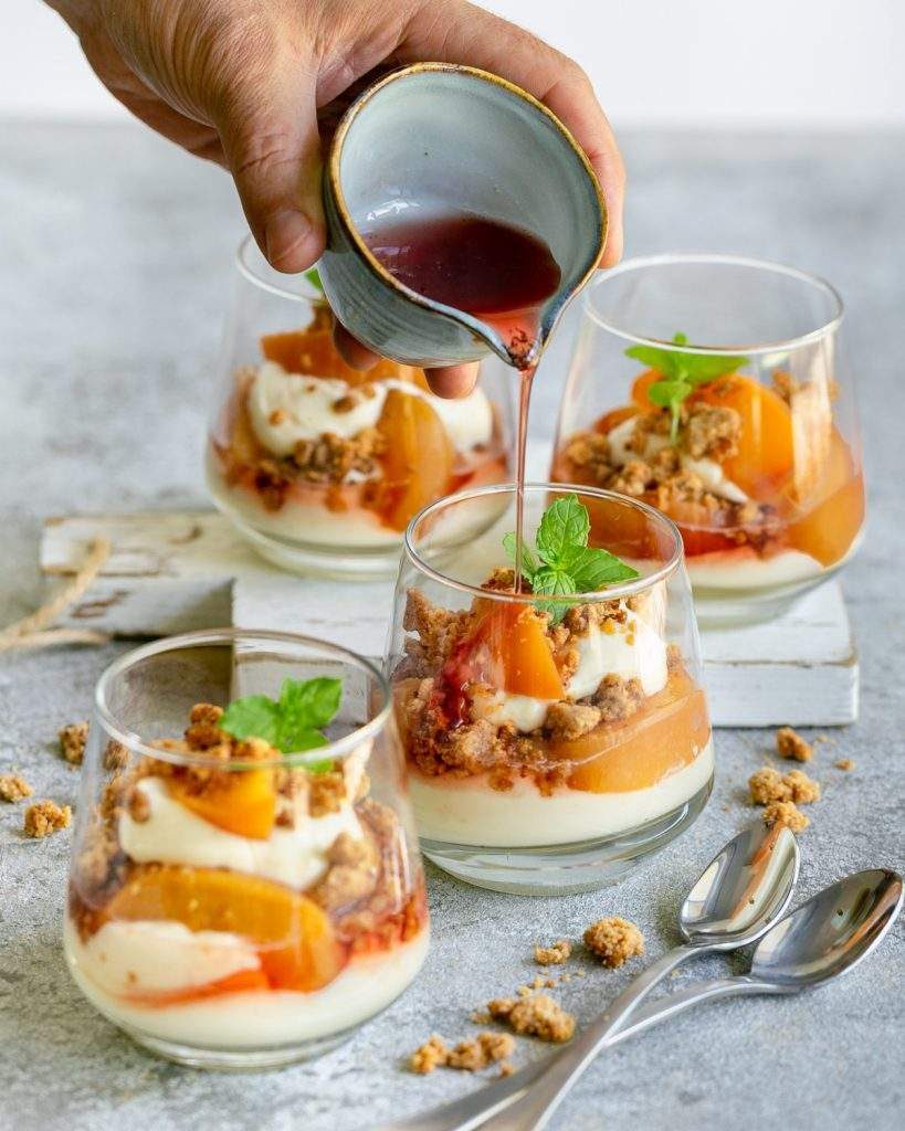 Lemon Cheesecake Mousse with Poached Peaches - Between2Kitchens