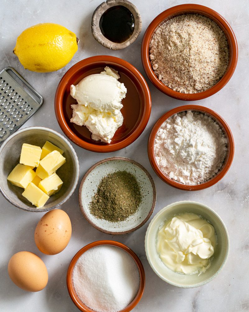 Ingredients to make lemon myrtle cheesecake
